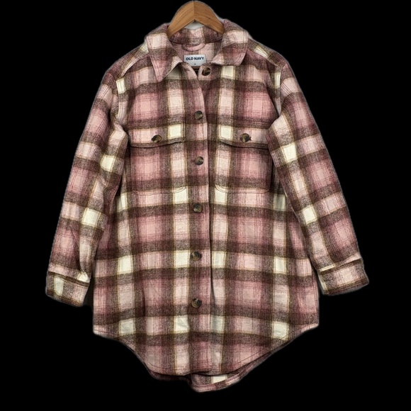 OLD NAVY Women's Utility Jacket Shacket Sz M Pink Plaid Long line Outdoor Soft - Picture 1 of 11